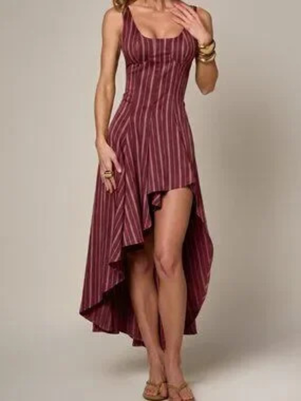 ZARA Burgundy Elegant Women's Striped Asymmetric High Low Hem Maxi Dress
